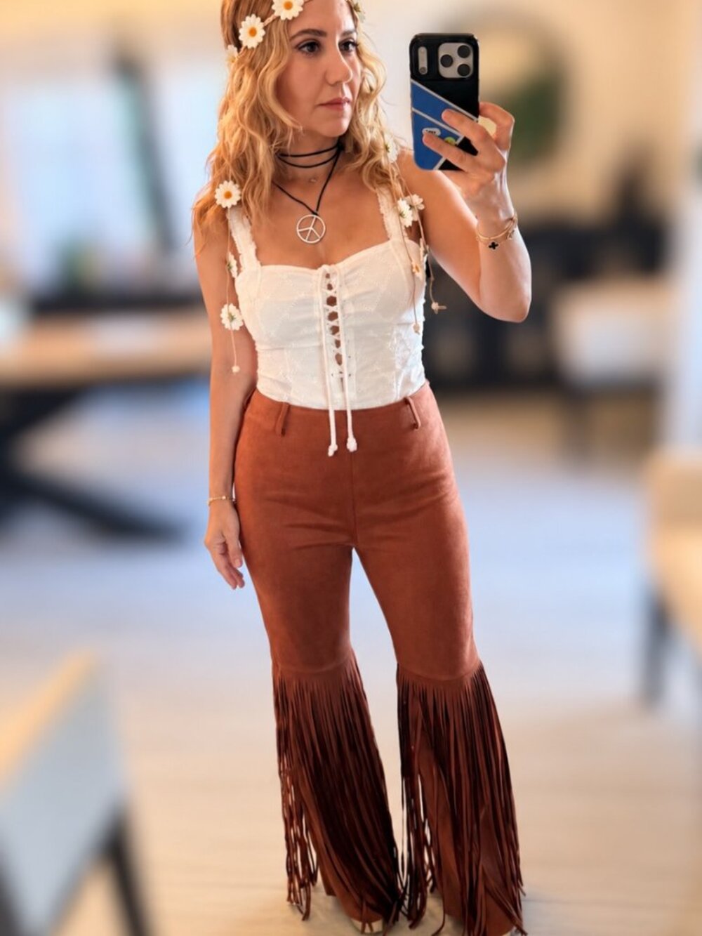 Brown Faux Suede Fringe Flare Pants Western Boho Festival Bell Bottoms